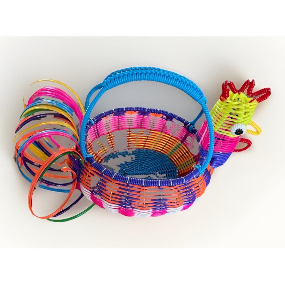 MCA Woven Rooster Chicken Bright Colors Wire Egg Basket Oaxacan Mexico art
